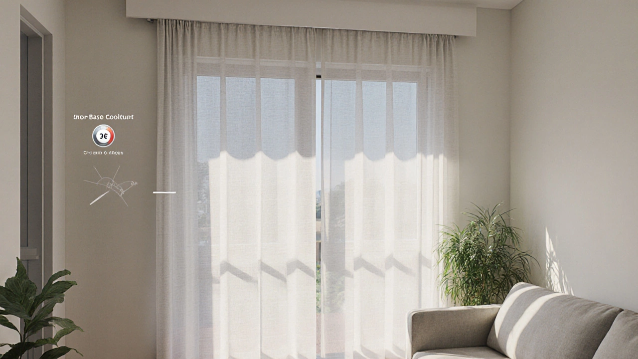 3‑D living room with awning, sheer inner layer, and off‑white linen curtains illustrating cooling strategies.