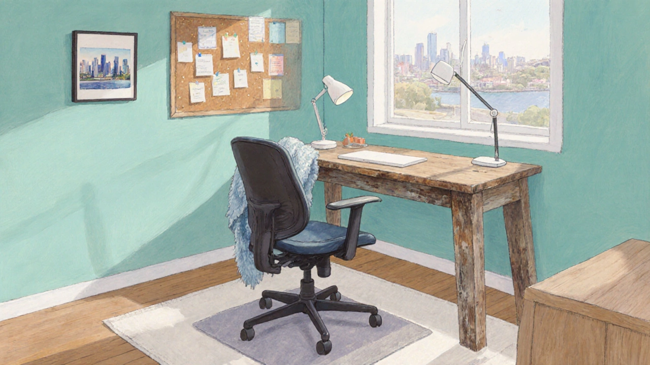 Bright home office with teal walls, reclaimed desk, ergonomic chair, and personal décor.