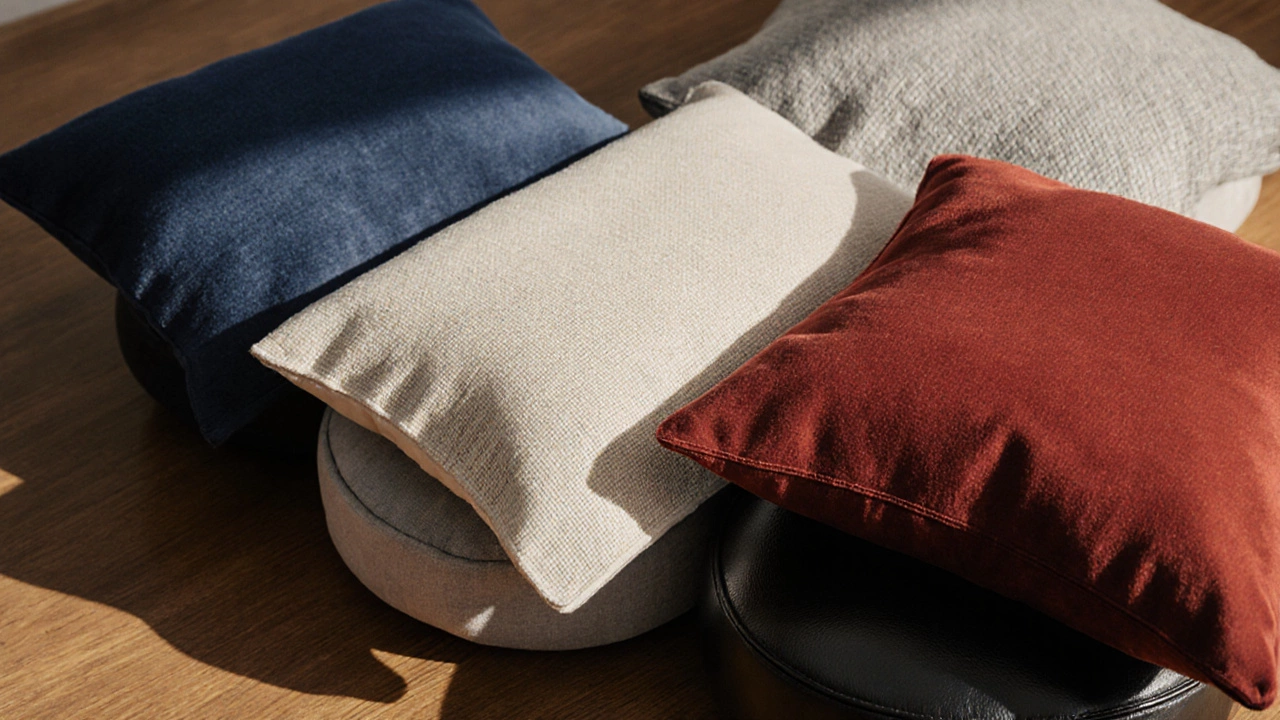 Close‑up of five cushion covers displaying microfiber, canvas, linen, velvet, and leather fabrics.