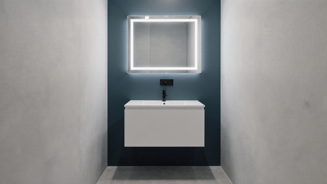Compact minimalist bathroom with a navy accent wall and cool‑white LED lighting.