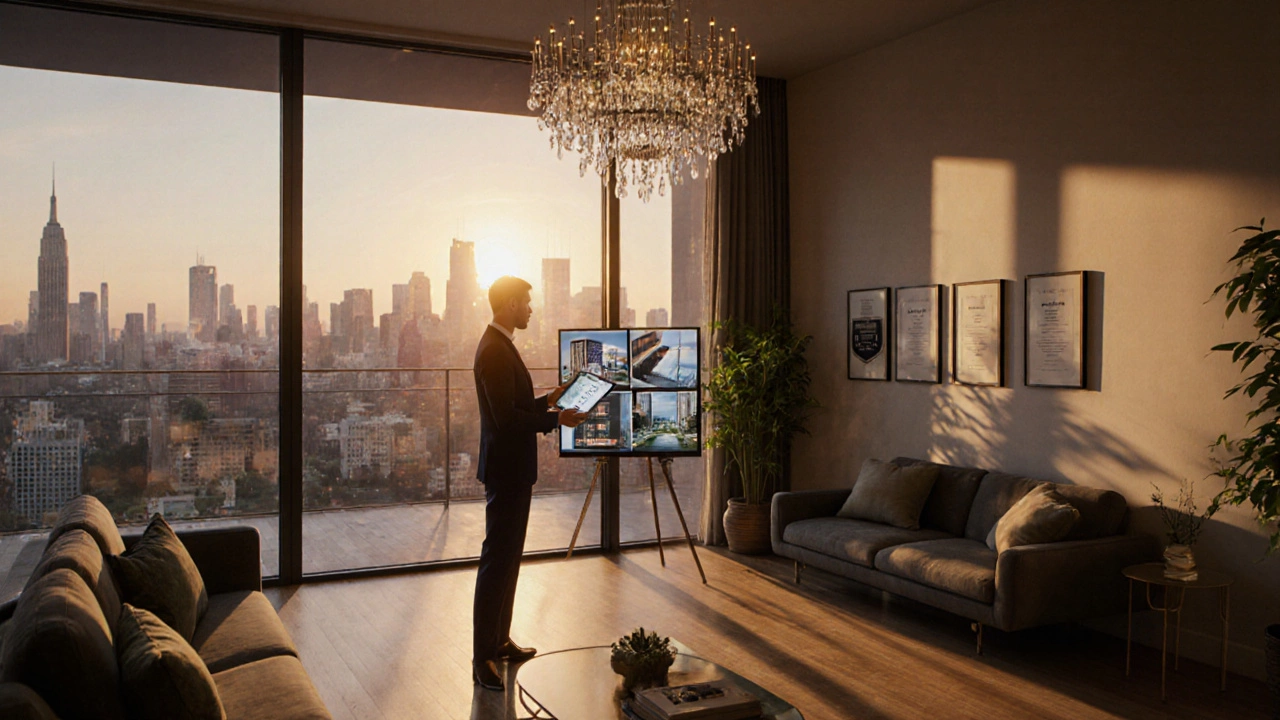 Designer presenting a portfolio in a stylish living room with sustainable décor and sunset light.