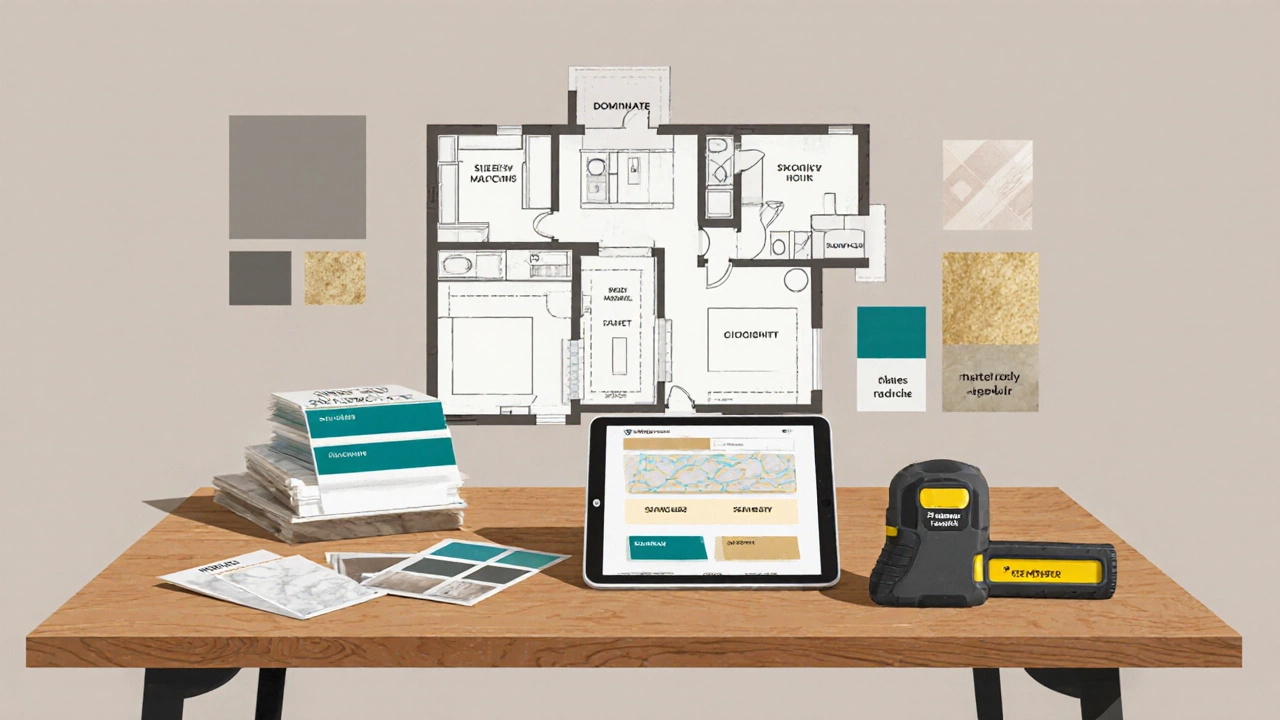 Designer’s workspace with paint swatches, measurement tools, and a kitchen layout plan for the 60‑30‑10 rule.