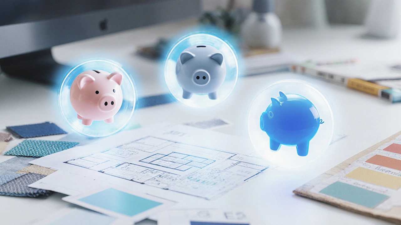 Designer workspace featuring floating icons for budget, layout, and mood alongside samples.