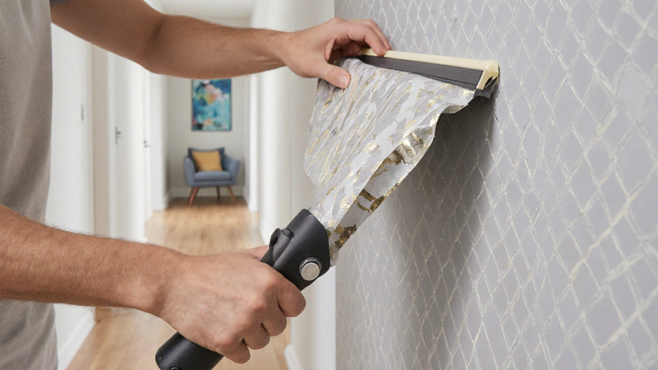 DIY hands applying peel‑and‑stick vinyl wallpaper in a bright hallway.
