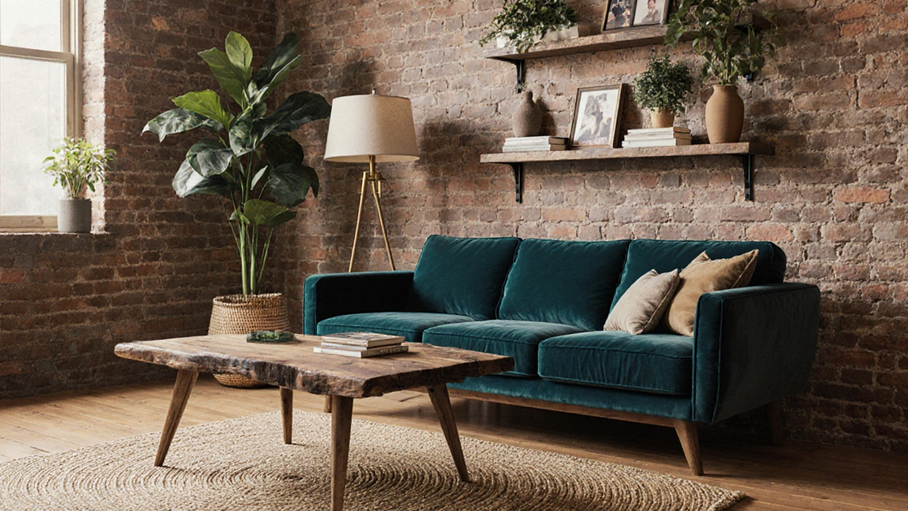 Eclectic room mixing farmhouse wood, mid‑century sofa, rug, and plants.