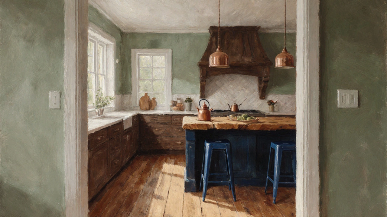 Farmhouse kitchen with sage walls, butcher‑block island, and navy stools demonstrating the color balance.