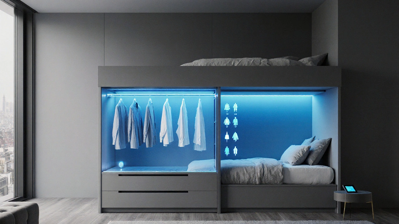 Futuristic compact bedroom showing motorized smart storage and holographic virtual closet.