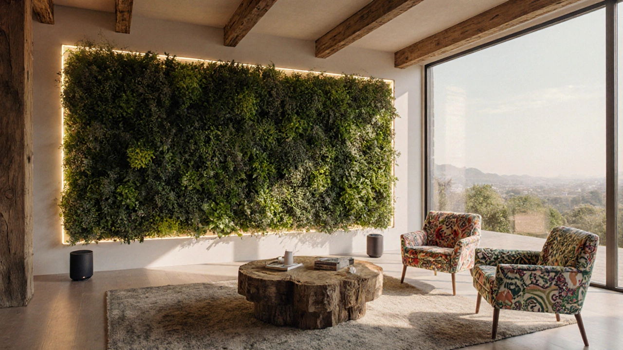 Futuristic living room with green wall, reclaimed wood, and smart LED lighting.