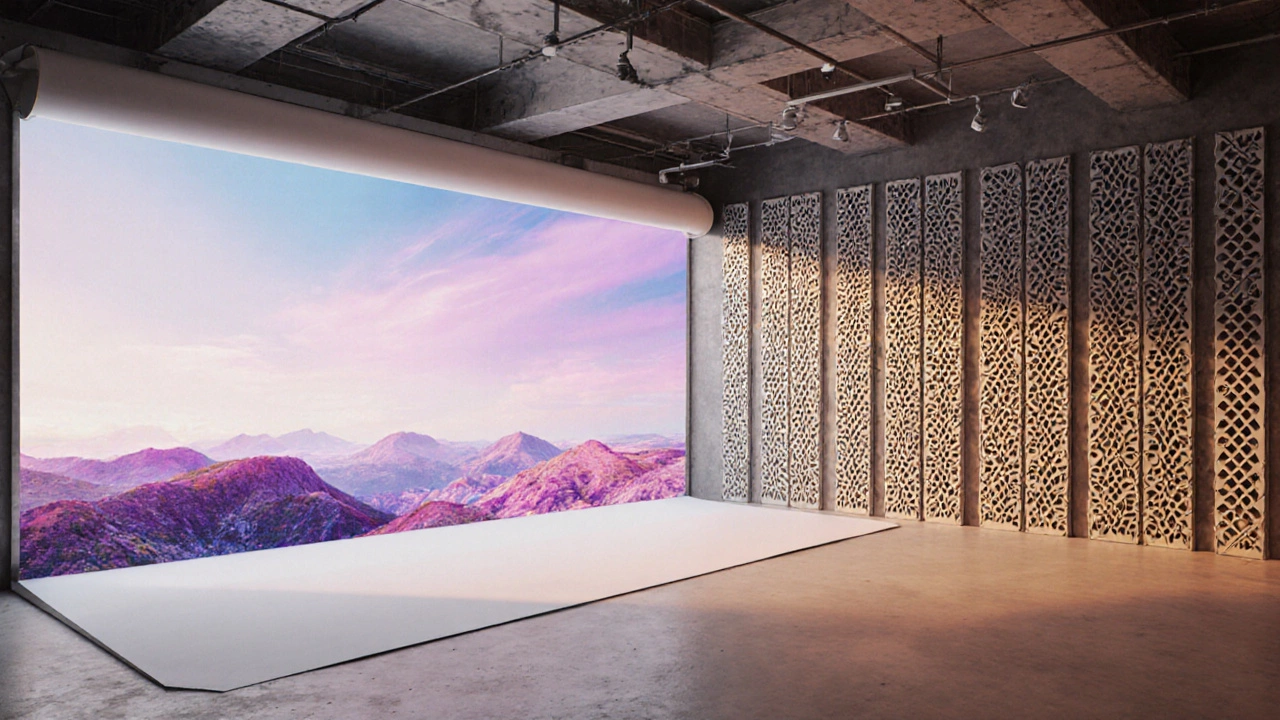 Futuristic wall mixing a custom digital mural with 3‑D printed panels.