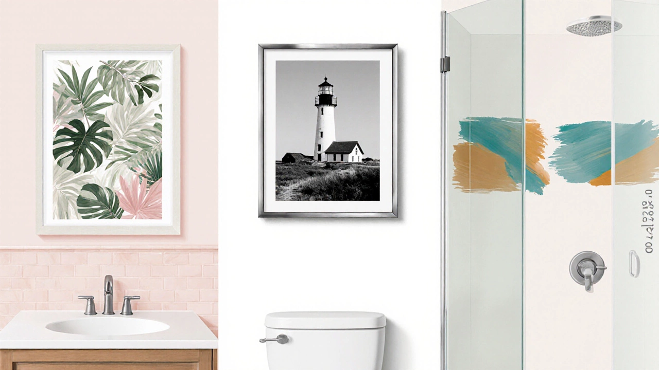 Illustrated bathroom zones with botanical, coastal, and abstract art in sealed frames.