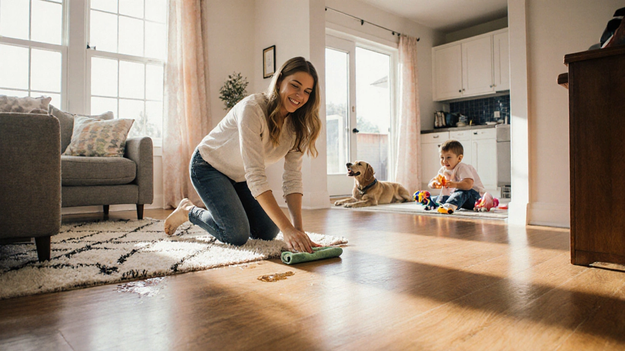Living room with hardwood floor, area rug, adult wiping a spill on vinyl, child playing, and a dog near tiled kitchen.