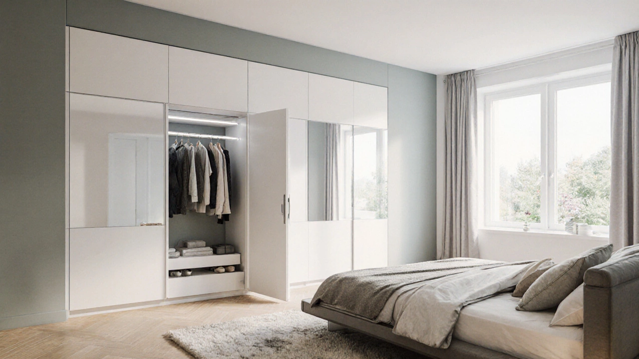 Modern bedroom featuring a sleek modular wardrobe with sliding doors and interior LED lighting.