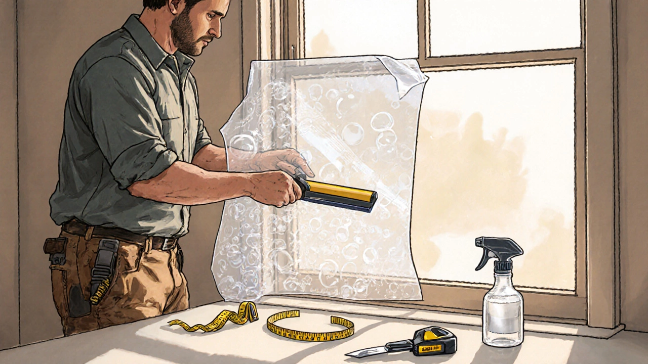 Person applying reflective film to a window using a squeegee and tools.