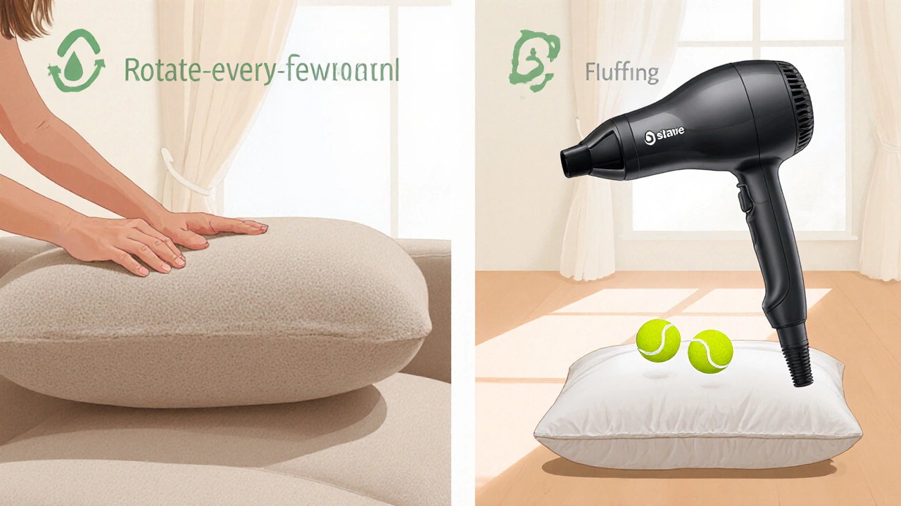 Person rotating a cushion and using a vacuum and dryer to maintain sofa cushions.