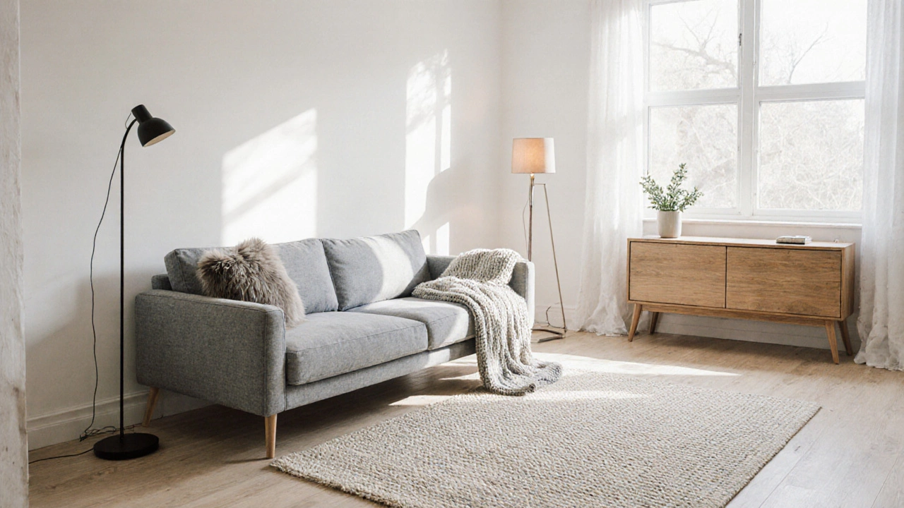 Scandinavian styled room featuring light wood, knit blanket, and natural light.