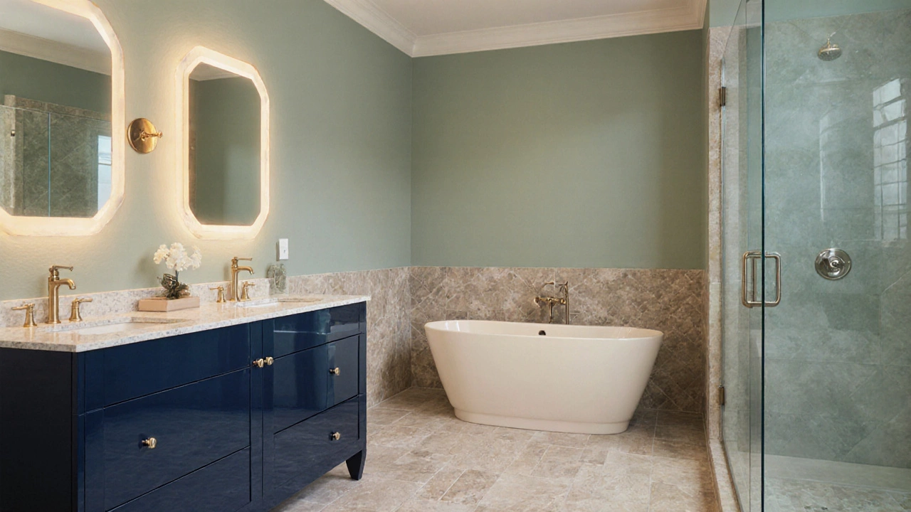 Spacious spa‑style bathroom featuring sage green matte wall, navy glossy cabinets, and gold accents.