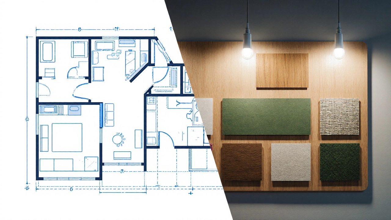 Split illustration of CAD floor plan next to material samples and lighting fixtures.