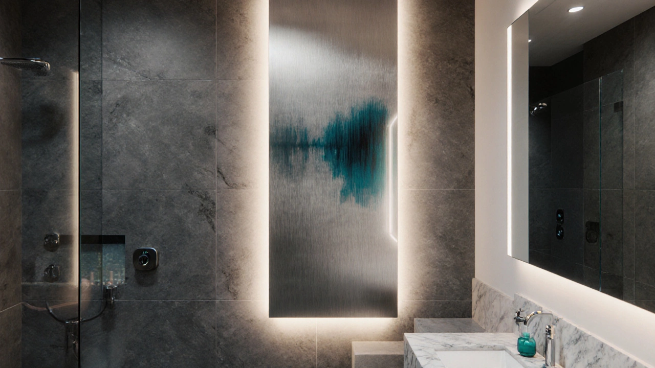 Stylized bathroom rendering featuring illuminated metal art and LED lighting.