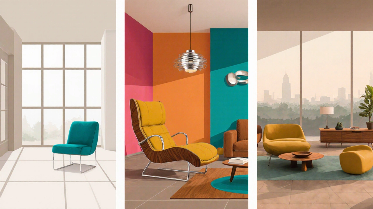 Three‑panel illustration comparing modern, contemporary, and mid‑century modern interiors.