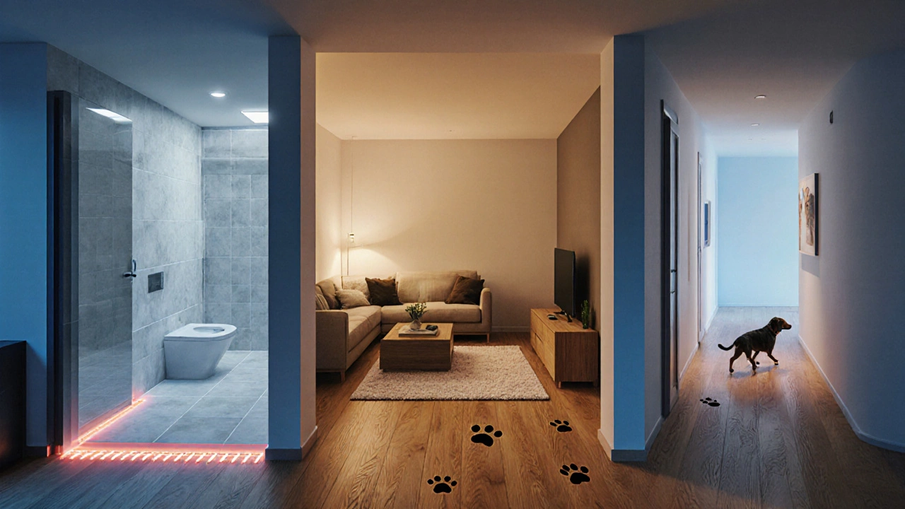 Three-room illustration: bathroom with porcelain tile, lounge with oak hardwood, hallway with vinyl and a dog.