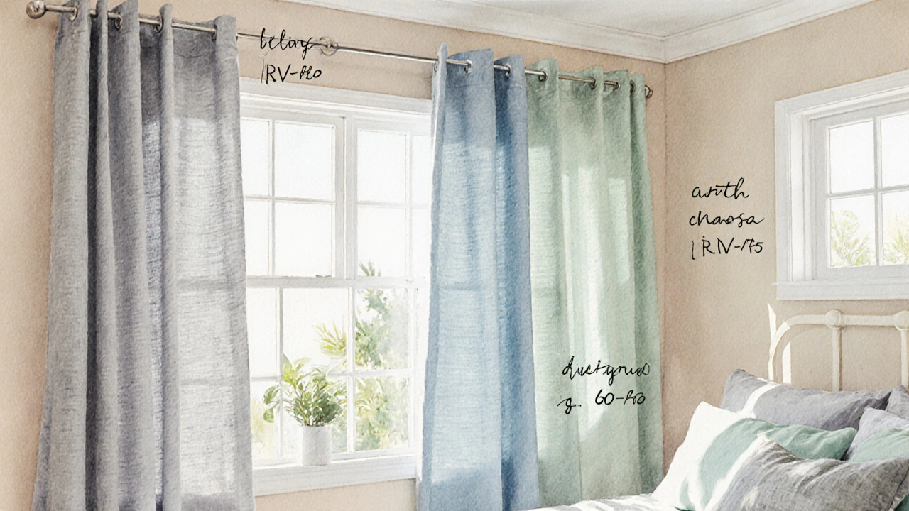 Watercolor bedroom showing light gray, pale blue, and pastel green curtains with LRV labels and soft lighting.
